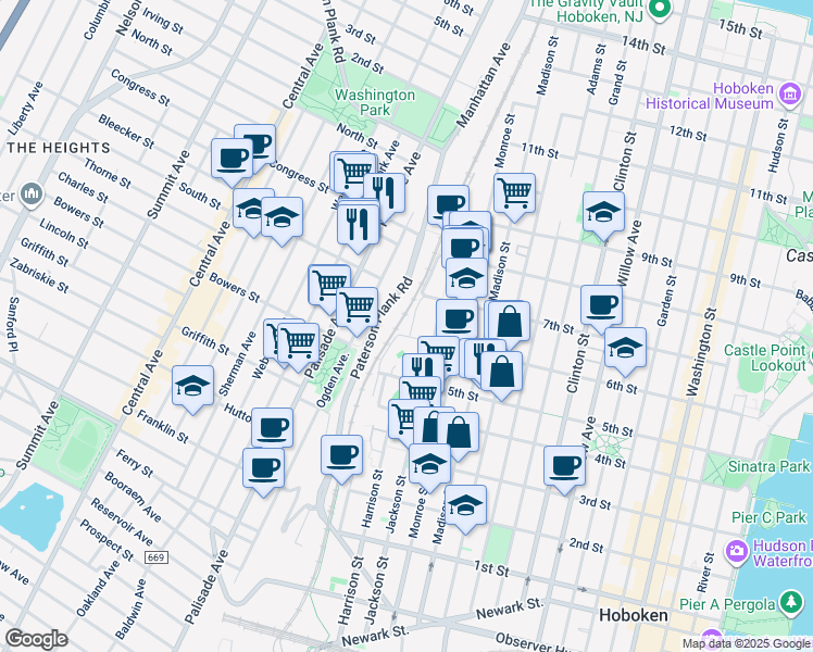 map of restaurants, bars, coffee shops, grocery stores, and more near 600 Harrison Street in Hoboken