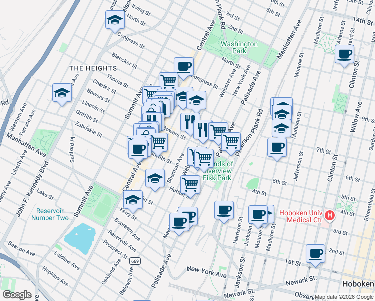 map of restaurants, bars, coffee shops, grocery stores, and more near 156 Sherman Avenue in Jersey City