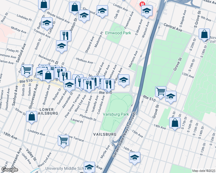 map of restaurants, bars, coffee shops, grocery stores, and more near 22 Chelsea Avenue in Newark