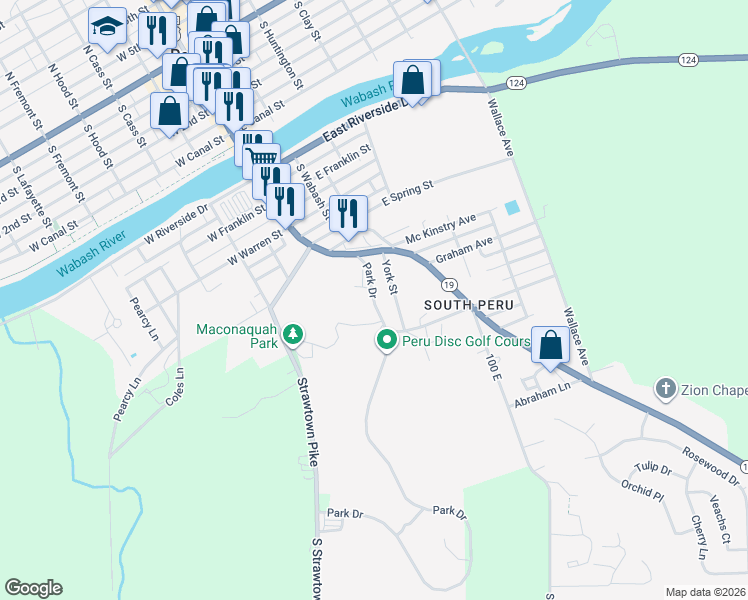 map of restaurants, bars, coffee shops, grocery stores, and more near 19 Park Drive in Peru