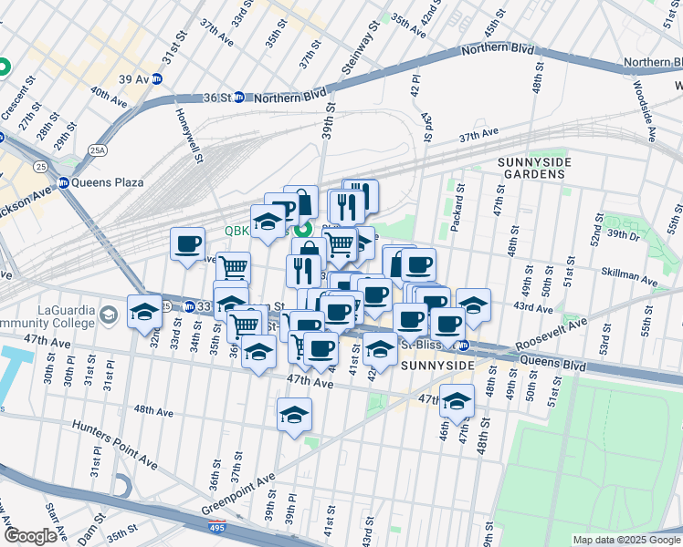 map of restaurants, bars, coffee shops, grocery stores, and more near in Queens
