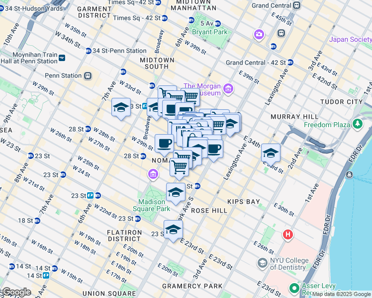 map of restaurants, bars, coffee shops, grocery stores, and more near 15 East 30th Street in New York