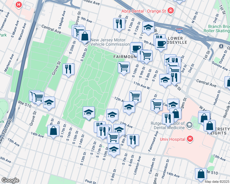 map of restaurants, bars, coffee shops, grocery stores, and more near 246-248 12th Avenue in Newark