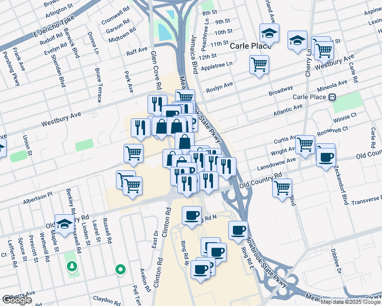 map of restaurants, bars, coffee shops, grocery stores, and more near 177 Glen Cove Road in Carle Place
