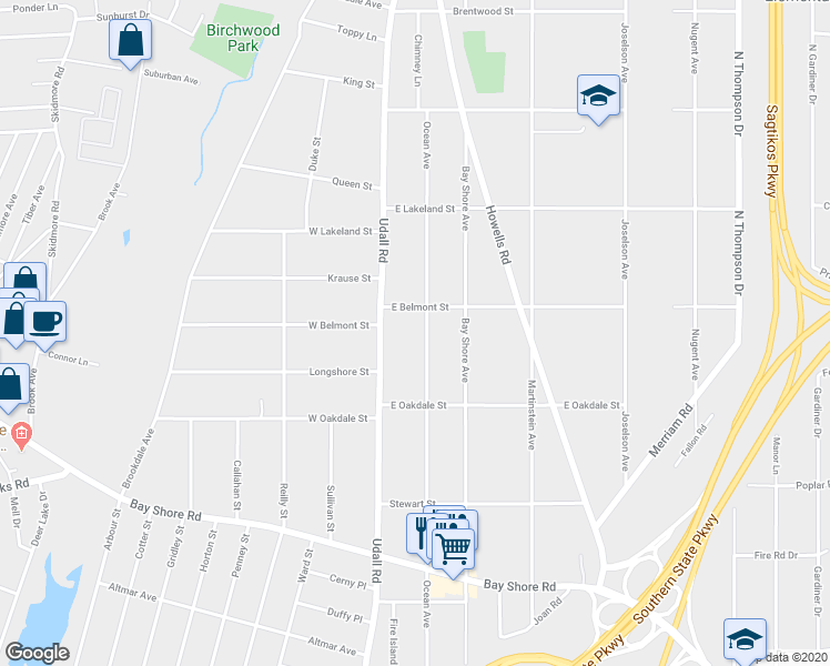 map of restaurants, bars, coffee shops, grocery stores, and more near 1112 Ocean Avenue in Bay Shore