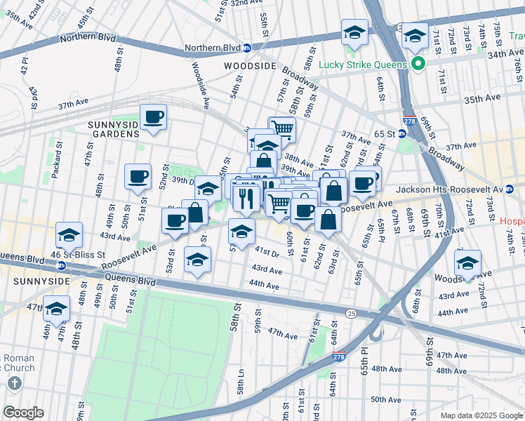 map of restaurants, bars, coffee shops, grocery stores, and more near 58-14 Roosevelt Avenue in Queens
