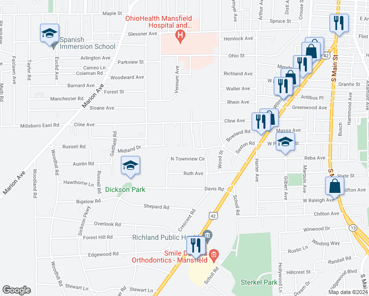 map of restaurants, bars, coffee shops, grocery stores, and more near 351 Abbeyfeale Road in Mansfield