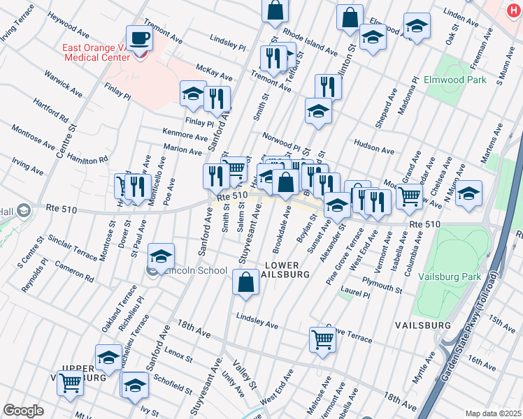 map of restaurants, bars, coffee shops, grocery stores, and more near 20 Stuyvesant Avenue in Newark