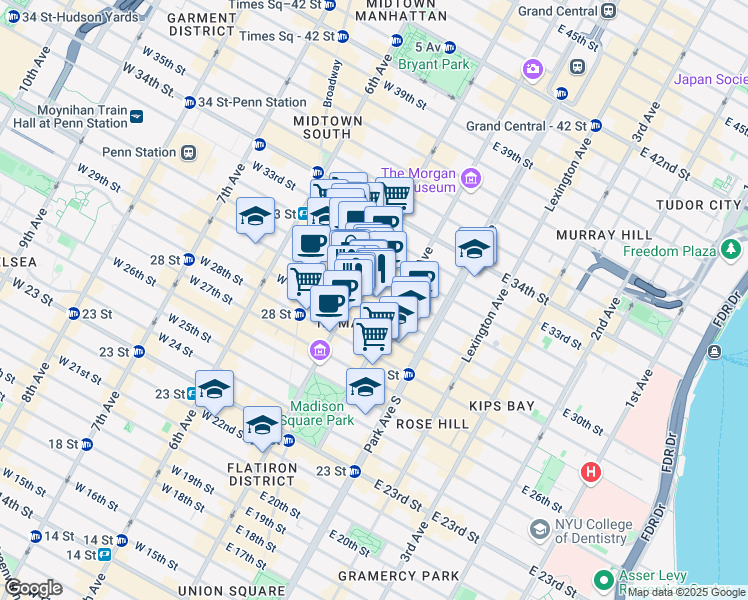 map of restaurants, bars, coffee shops, grocery stores, and more near 295 5th Avenue in New York