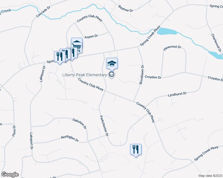 map of restaurants, bars, coffee shops, grocery stores, and more near 276 Country Club Pkwy in Spring Creek