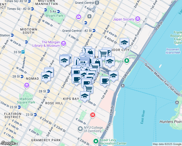 map of restaurants, bars, coffee shops, grocery stores, and more near 240 East 35th Street in New York