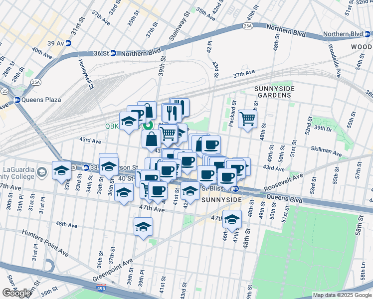 map of restaurants, bars, coffee shops, grocery stores, and more near 41-41 41st Street in Queens