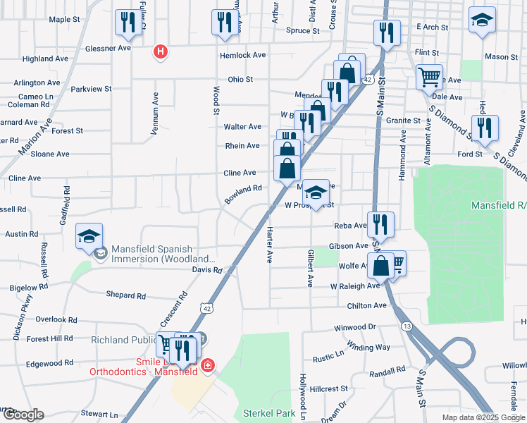 map of restaurants, bars, coffee shops, grocery stores, and more near 201 Saxton Road in Mansfield