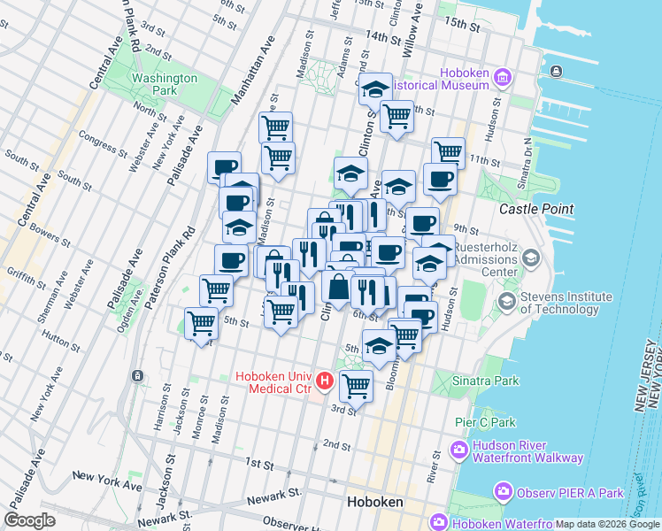 map of restaurants, bars, coffee shops, grocery stores, and more near 701 Grand Street in Hoboken