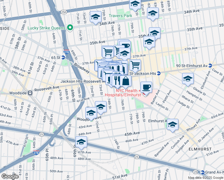map of restaurants, bars, coffee shops, grocery stores, and more near 40-40 75th Street in Queens