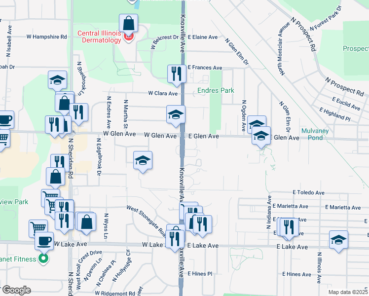 map of restaurants, bars, coffee shops, grocery stores, and more near 4810 Illinois 40 in Peoria