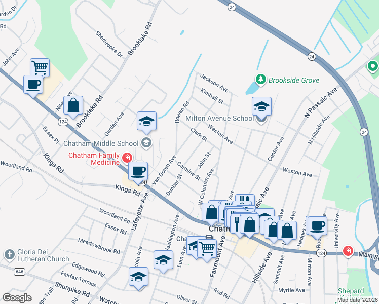 map of restaurants, bars, coffee shops, grocery stores, and more near 49 Dunbar Street in Chatham