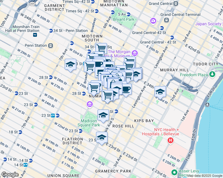 map of restaurants, bars, coffee shops, grocery stores, and more near 147 Madison Avenue in New York