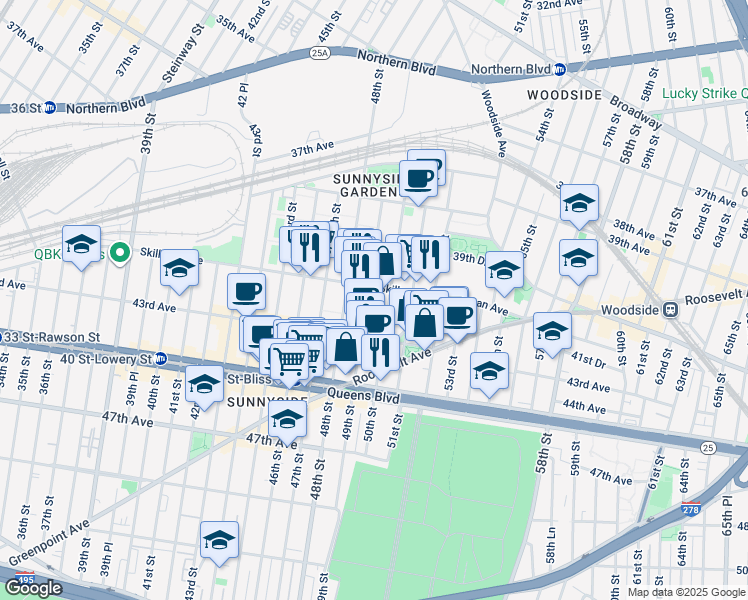 map of restaurants, bars, coffee shops, grocery stores, and more near in Queens