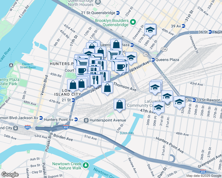 map of restaurants, bars, coffee shops, grocery stores, and more near 25-10 Court Square West in Queens