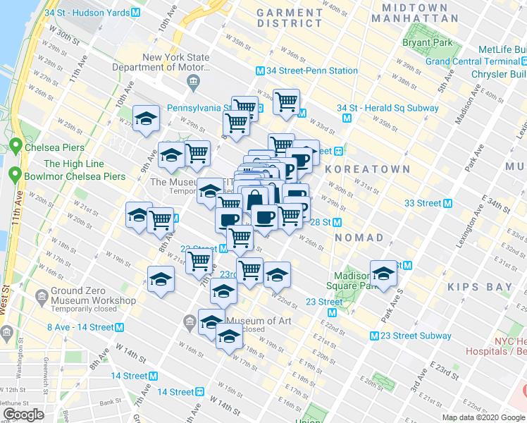 map of restaurants, bars, coffee shops, grocery stores, and more near 153 West 26th Street in New York