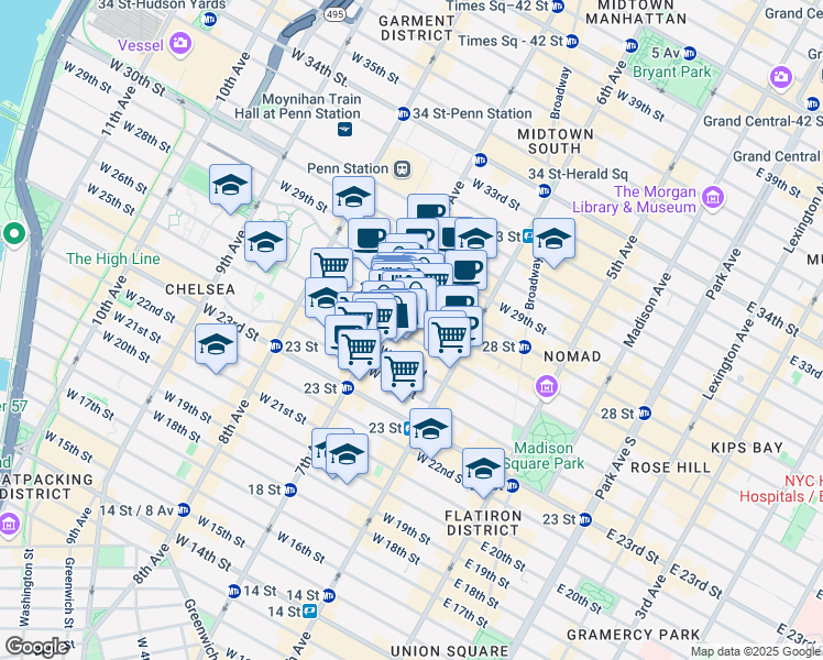 map of restaurants, bars, coffee shops, grocery stores, and more near 151 West 26th Street in New York