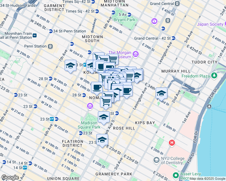 map of restaurants, bars, coffee shops, grocery stores, and more near 147 Madison Avenue in New York