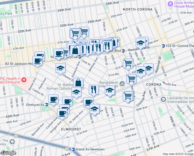 map of restaurants, bars, coffee shops, grocery stores, and more near 4140 Denman Street in Queens