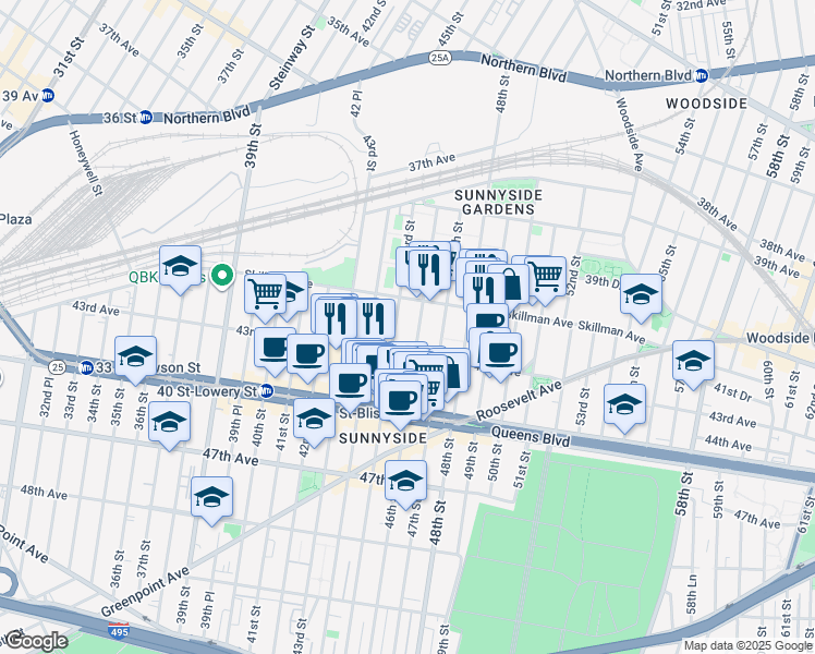 map of restaurants, bars, coffee shops, grocery stores, and more near 4120 46th Street in Queens