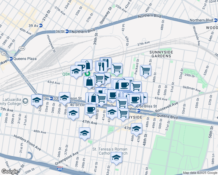 map of restaurants, bars, coffee shops, grocery stores, and more near 41-41 41st Street in Queens