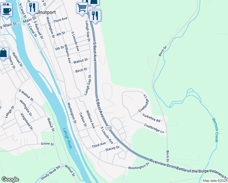 map of restaurants, bars, coffee shops, grocery stores, and more near 9 View Drive in Walnutport