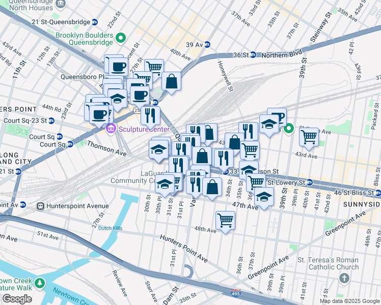 map of restaurants, bars, coffee shops, grocery stores, and more near 32 Queens Boulevard in Queens