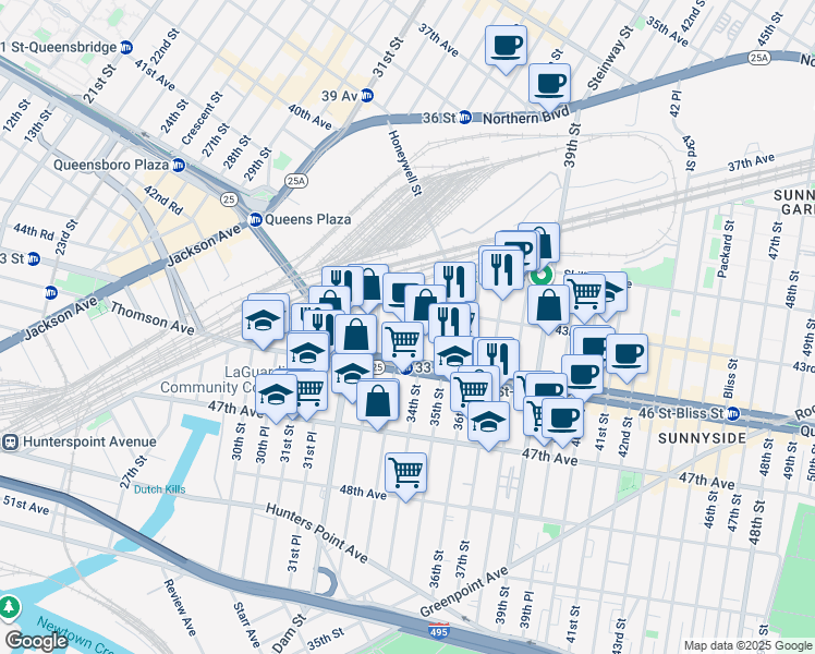map of restaurants, bars, coffee shops, grocery stores, and more near 43-15 33rd Street in Queens