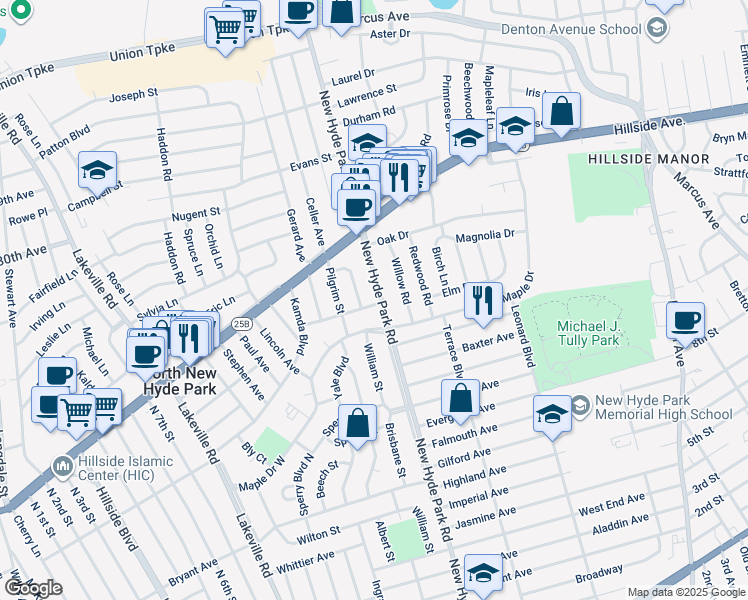 map of restaurants, bars, coffee shops, grocery stores, and more near 1701 New Hyde Park Road in New Hyde Park