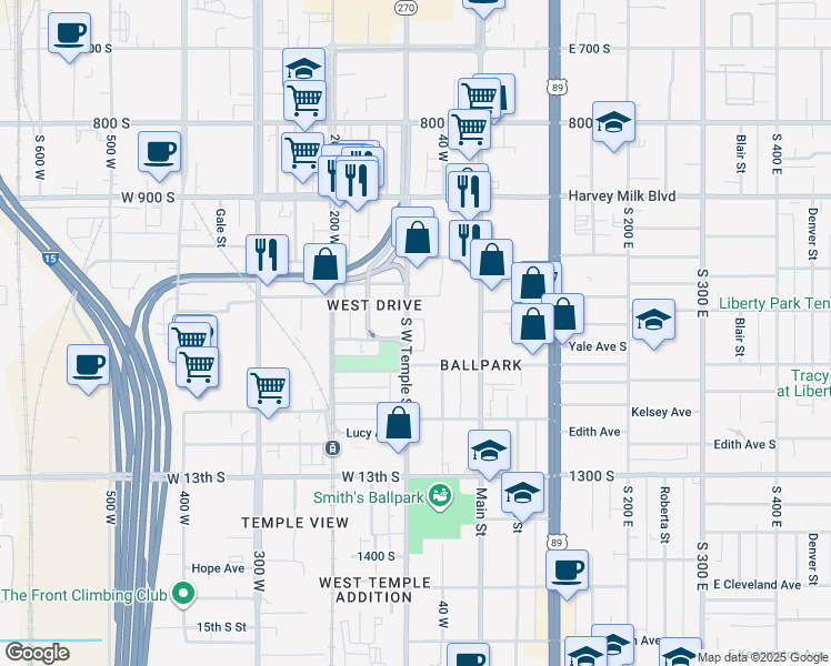 map of restaurants, bars, coffee shops, grocery stores, and more near 1058 South West Temple in Salt Lake City