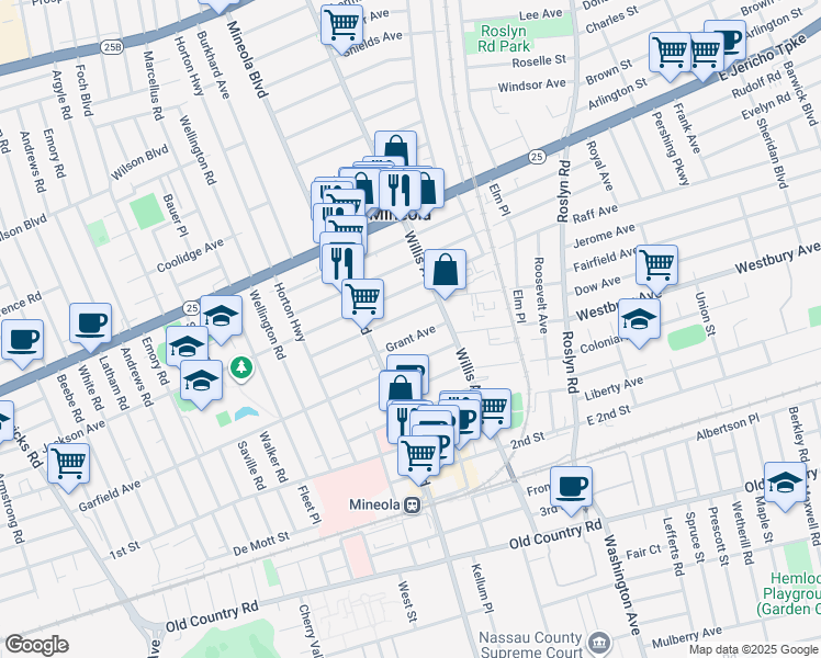 map of restaurants, bars, coffee shops, grocery stores, and more near 177 Lincoln Avenue in Mineola