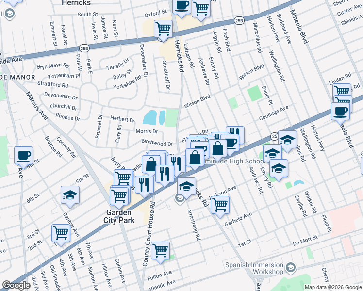 map of restaurants, bars, coffee shops, grocery stores, and more near 3 Herricks Road in Mineola