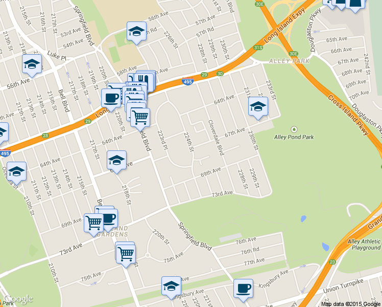 map of restaurants, bars, coffee shops, grocery stores, and more near 67-14 224 Street in Queens