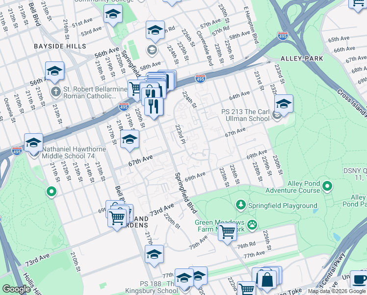 map of restaurants, bars, coffee shops, grocery stores, and more near 65-41 223rd Place in Queens