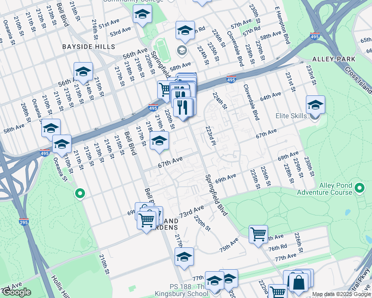 map of restaurants, bars, coffee shops, grocery stores, and more near 219-41 67th Avenue in Queens