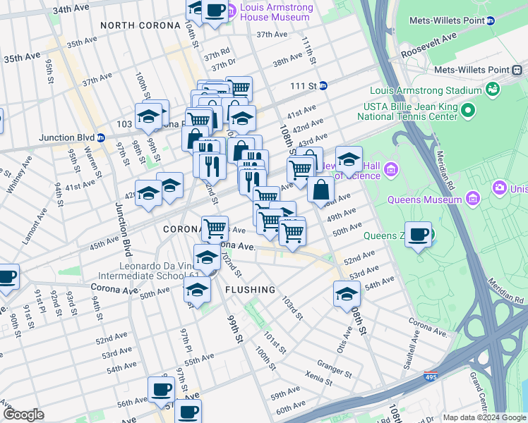 map of restaurants, bars, coffee shops, grocery stores, and more near 46-10 104th Street in Queens