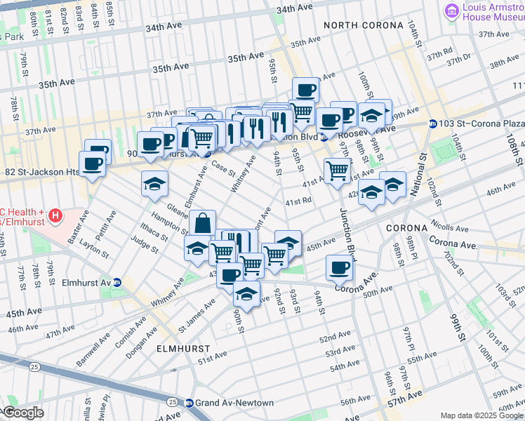 map of restaurants, bars, coffee shops, grocery stores, and more near 41-41 Denman Street in Queens