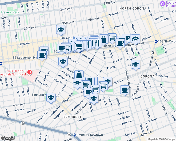 map of restaurants, bars, coffee shops, grocery stores, and more near 42-07 Elbertson Street in Queens