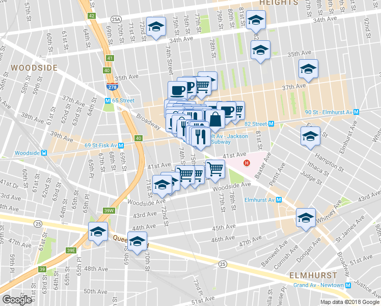 map of restaurants, bars, coffee shops, grocery stores, and more near 75-32 Broadway in Queens