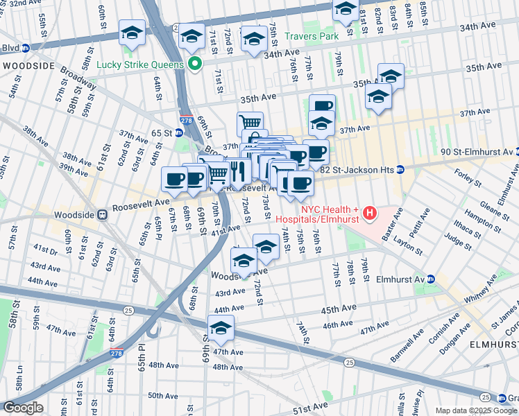 map of restaurants, bars, coffee shops, grocery stores, and more near 40-19 72nd Street in Queens