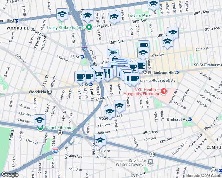 map of restaurants, bars, coffee shops, grocery stores, and more near 40-19 72nd Street in Queens