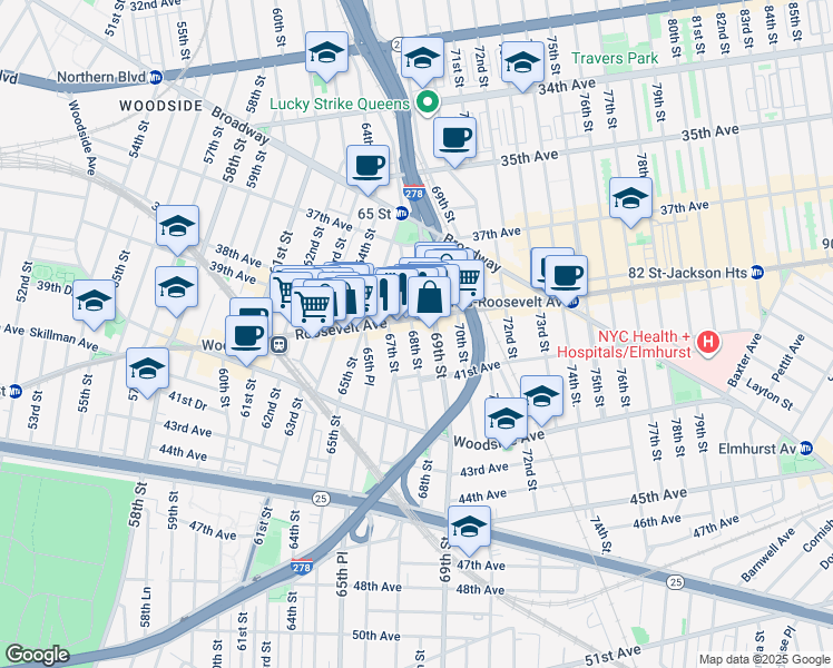 map of restaurants, bars, coffee shops, grocery stores, and more near 6527 Roosevelt Avenue in Queens