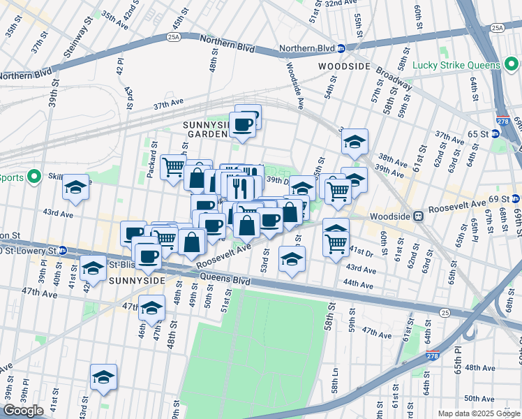 map of restaurants, bars, coffee shops, grocery stores, and more near 51-1 Skillman Avenue in Queens