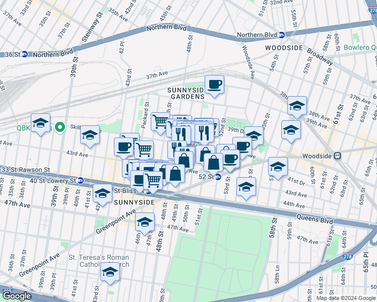 map of restaurants, bars, coffee shops, grocery stores, and more near in Queens