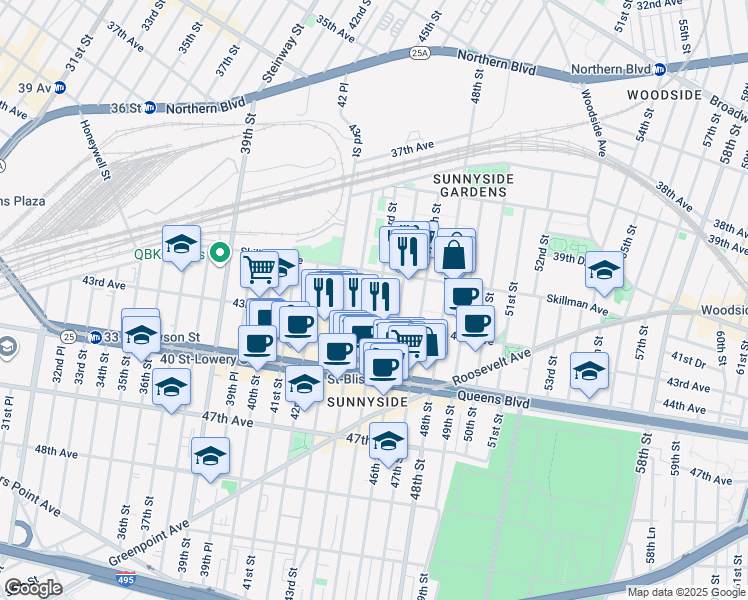 map of restaurants, bars, coffee shops, grocery stores, and more near 41-26 44th Street in Queens